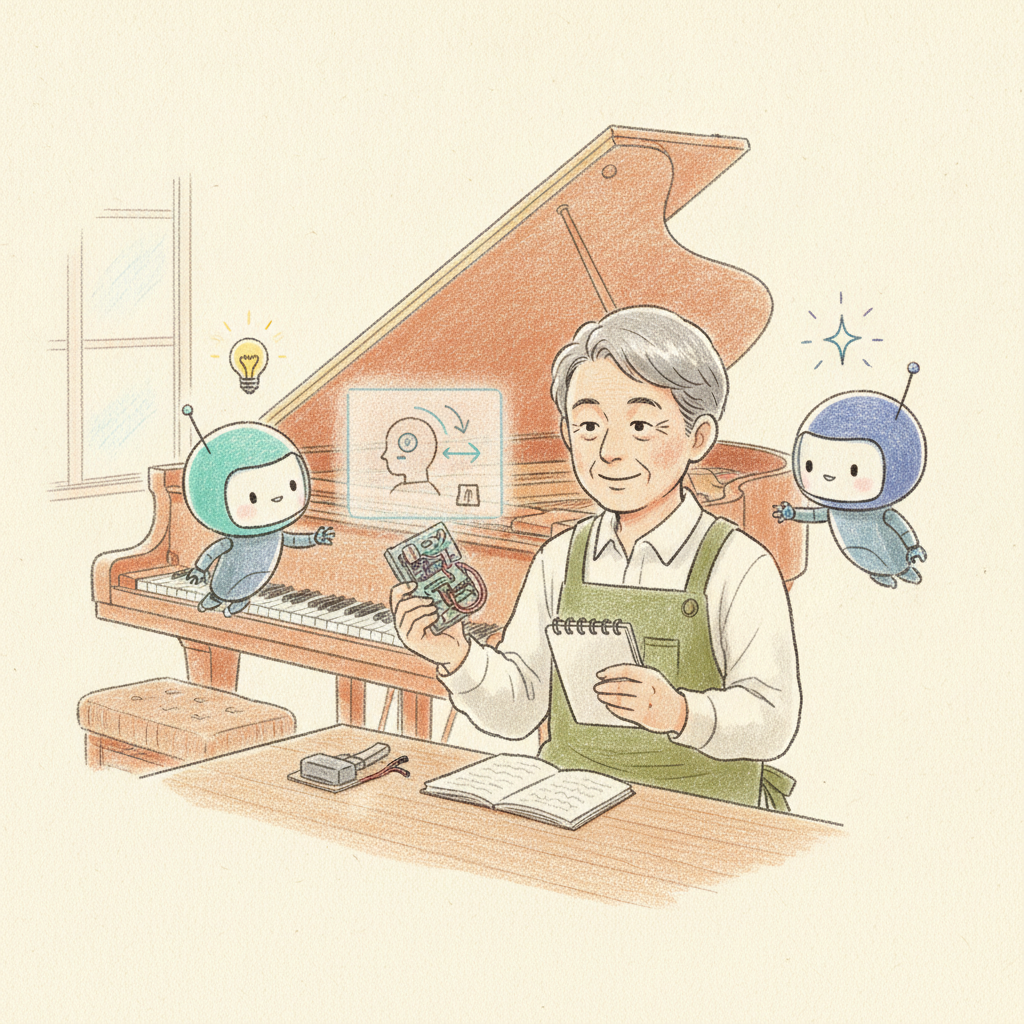 つくり手と2体の AI アシスタントが作業台でノートを突き合わせる