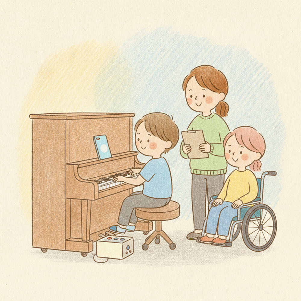 スマホを譜面台に置き床に装置を置いて、子どもや車いすの奏者がやさしいAPEE試験に参加する様子