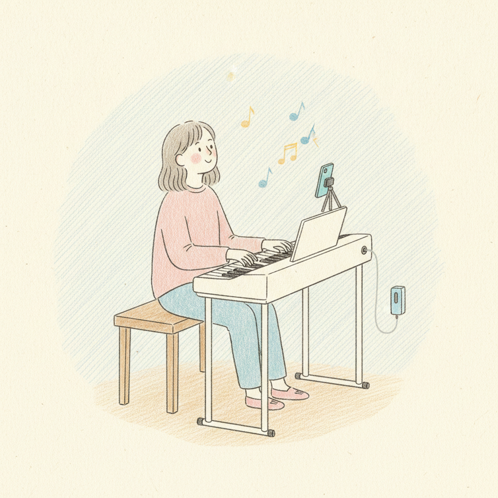 電子キーボードの奏者がフットフリーで演奏：譜面台のスマホが頭の傾きを読み、ペダル端子につないだ小箱がサステインを切り替える